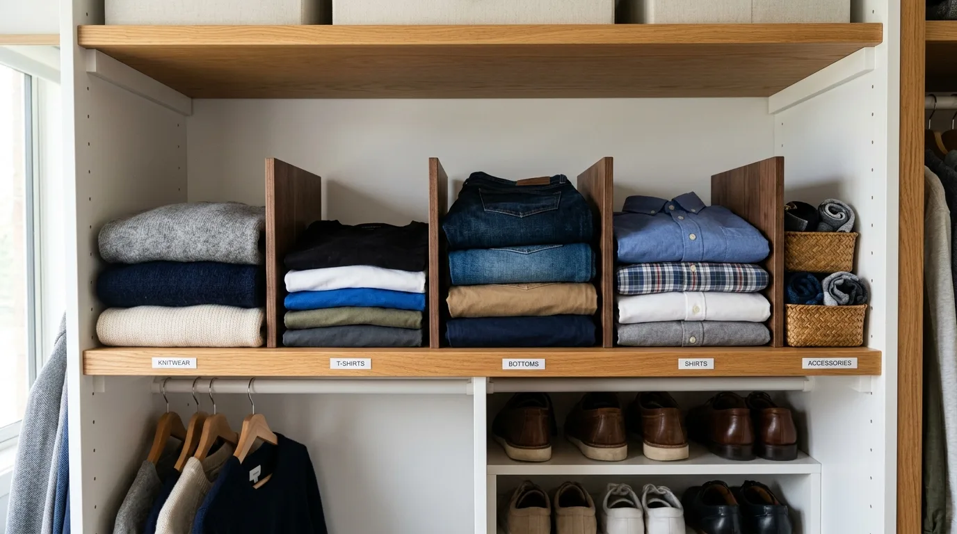 Closet shelf with dividers separating folded clothes